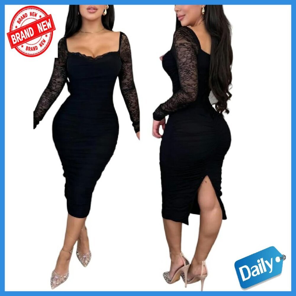 Long Sleeve Midi Bodycon Dress Lace Back Slit Formal Party